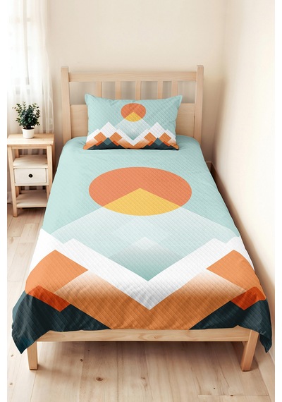 Geometrik Dağ Mint Genç Odası Tek Kişilik Pike Takımı-modern Turuncu 160x220cm Kapitone Yatak Örtüsü Kabuğu Kakao Serinliği