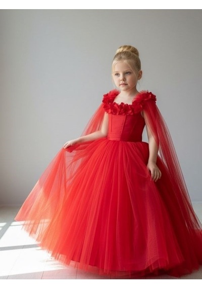 Zekids Kız Çocuk Kol Detaylı Prenses Model Abiye Elbise-17245 Kırmızı