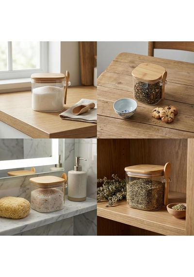 600 Ml Bambu Kapaklı Ve Kaşıklı Kare Cam Kavanoz, Vakumlu Ahşap Kapaklı Baharatlık, Kendinden Kaşık Yuvalı Şeker, Kahve Ve Banyo Tuzu Saklama Kabı Çok Renkli