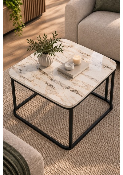 Sulorahome Damla Kare Orta Sehpa Ekru Desenli Metal Ayaklı