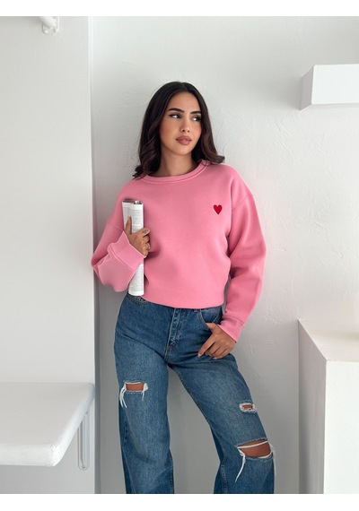 Kadın Kalp Nakışlı Sweatshirt Sade & Sevgi Dolu Stil Pembe
