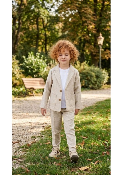 Baby Kids Colors Bej Renkli Çocuk Takım Elbise - Ceket, Pantolon Ve Basic Tişört Şık Ve Rahat