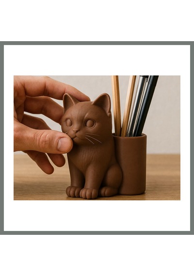 Bezos 3d Baskı Kedi Figürlü Kalemlik - Masaüstü Organizer - Kahverengi Mmbz