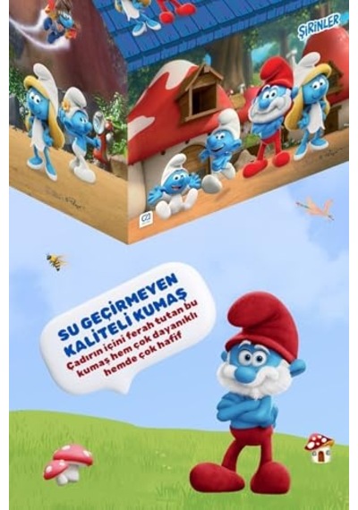 Şirinler - Smurfs Temalı Lisanslı Kaliteli Kumaşlı 2 Kişilik Kolay Kurulum Eğlenceli Çocuk Oyun Çadırı Açık Mavi