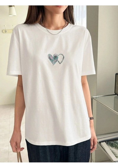 Çift Kalp Logo T-shirt - Beyaz Baskılı Oversize Bisiklet Yaka Kısa Kol Tişört Beyaz