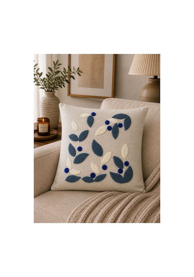 Punch Nakışlı Kırlent Kılıfı 45x45 Cm Kırlangıç Home Çapa Çiçek Desenli Deniz Mavisi