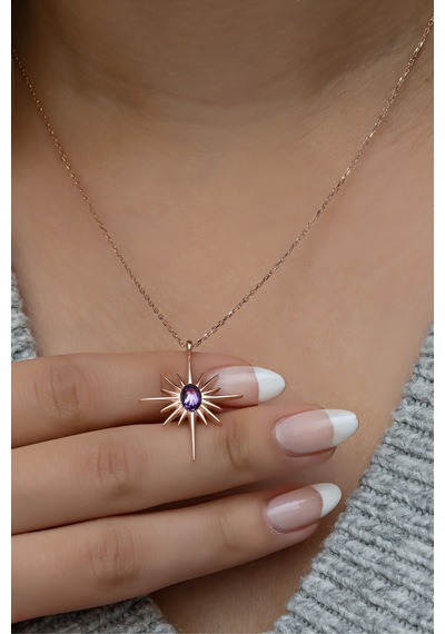 925 Ayar Gümüş Mor Taşlı Kutup Yıldızı Kolye Rose Gold