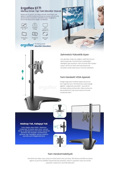 Ergoflex EF71 Steel Design 2-8 kg Tek Kol Asansörlü 13"-32" Desktop Monitör Standı