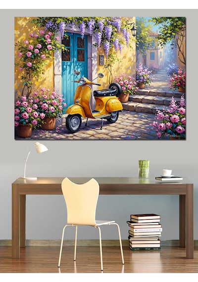 Ahşap Tablo Çiçekli Sokakta Sarı Scooter Tablo
