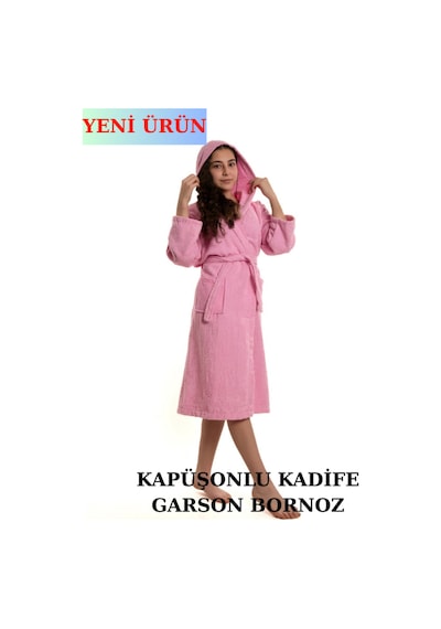 Pamuklu Kapüşonlu Genç Garson Boy Unisex Cepli Bukle Kadife Bornoz Pembe