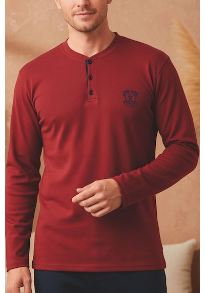 Kompedan Erkek Patlı Yaka Kareli Pamuklu Pijama Takımı Bordo Bordo