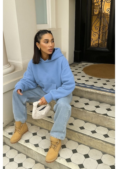 Benroma Baskısız Düz Ünisex Kapüşonlu Sweatshırt Bebe Mavisi