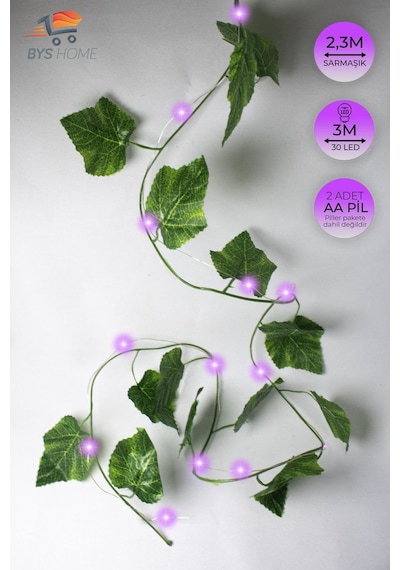 Dekoratif Yeşil Yapraklı 230 Cm Yapay Sarmaşık Ve 300 Cm Peri Led Pembe Renk - Mor Mor