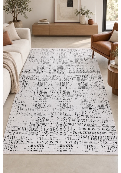 Kontur Pamuk Polyester Karışımı Özel Ölçü Kaydırmaz Taban Oturma Odası Halısı Robot Süpürge Uyumlu Kolay Temizlenebilir Beyaz/siyah