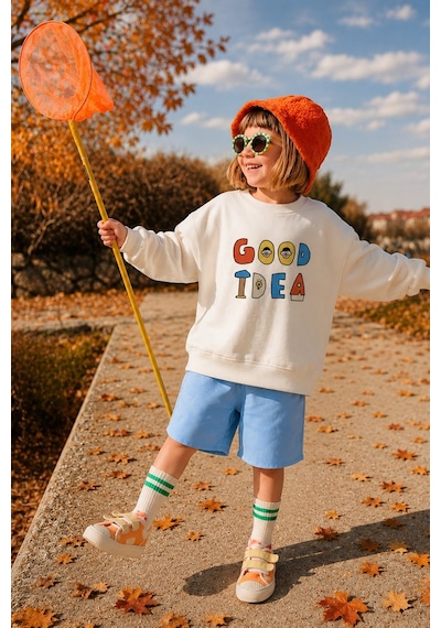 Monila Unisex Çocuk 3 İplik Kumaş Slogan Baskılı Pamuklu Sweatshirt Ekru