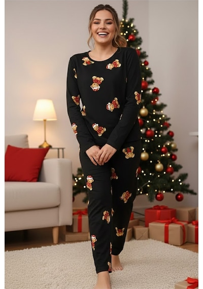 Siyah İnci Yumuşak Dokulu Süet Örme Pijama Takım 7983 Siyah Ayıcık