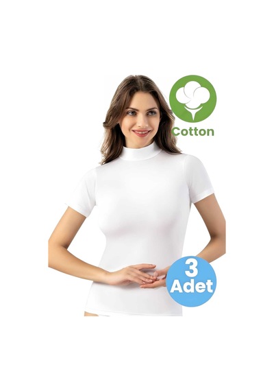 Tezzgelsin Kadın 3'lü Kısa Kol Yarım Boğazlı Atlet T-shirt Beyaz