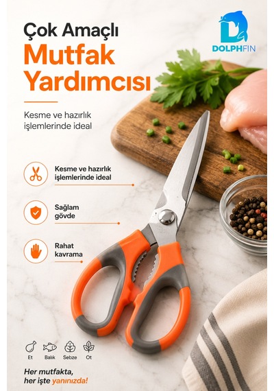 Çok Amaçlı Mutfak Makası Paslanmaz Çelik Ceviz Kıracaklı Turuncu Gri