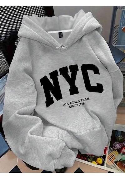 Harmandar Nyc Baskılı Kapüşonlu Oversize Sweatshirt Gri