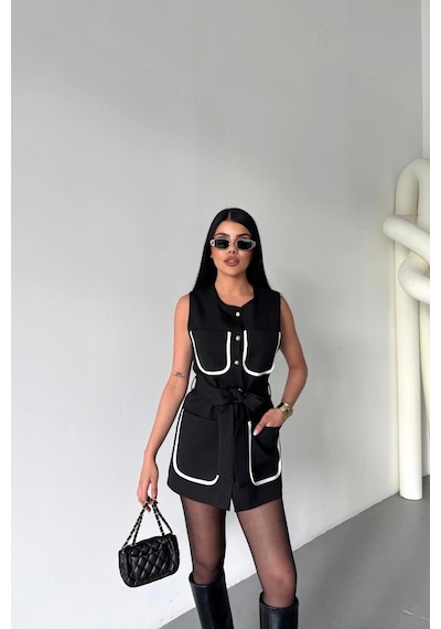Defymoda Büyük Cep Biye Detaylı Yelek - Siyah Siyah
