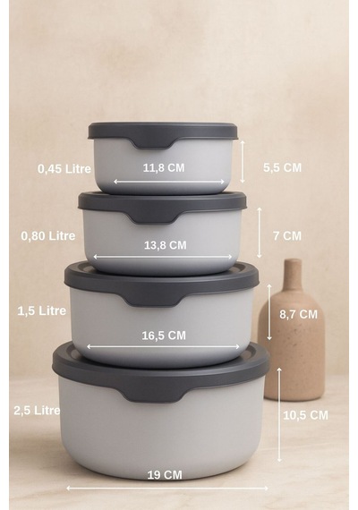 4 Lü Yuvarlak Saklama Kabı Seti 0,45ml -0,8ml-1.5l-2.5l Mikrodalga Ve Dondurucu Uyumlu Gri