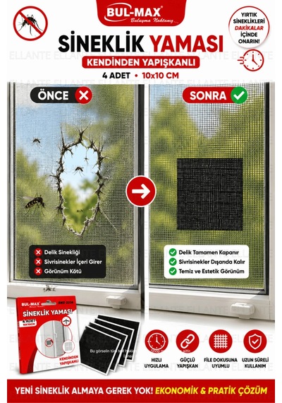 Kendinden Yapışkanlı Sineklik Yaması 4 Adet 10x10 Cm Sineklik Tamir Bandı Delik Yırtık Onarım Yaması