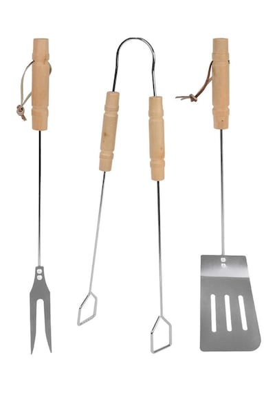3'lü Set Ahşap Saplı Mangal Aksesuar Seti Maşa Spatula Çatal Krom