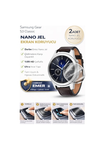 Samsung Gear S3 Classic Uyumlu Nano Jel Ekran Koruyucu 2 Adet Darbe Emici Tam Kaplayan