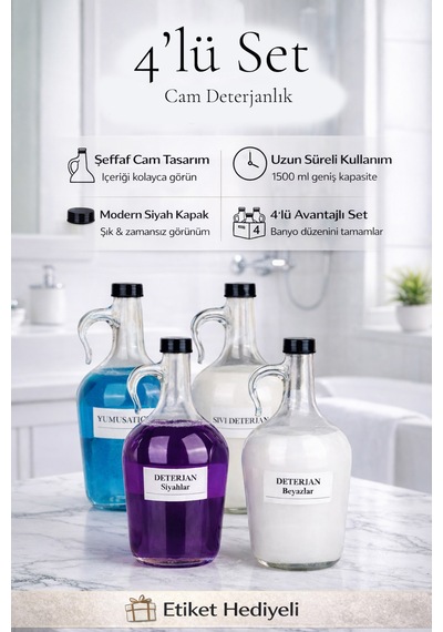 4'lü Şişe Banyo Seti Cam Yumuşatıcı Deterjan Renkliler Beyazlar Siyahlar Şişesi 1500ml Siyah Kapaklı Şeffaf