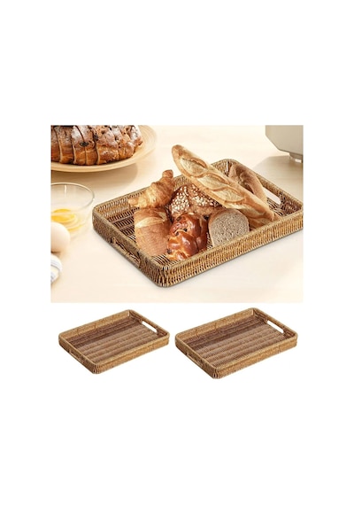 3 Lü Rattan Tepsi Dekoratif Tepsi Hasır Örme Tepsi Açık Krem
