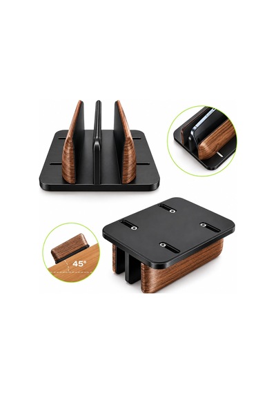 Ahşap Dikey Laptop Standı, Çift Yuvalı 2 Cihazlık Macbook Ve Notebook Tutucu, Masaüstü Organizer, Kaymaz Tabanlı Ahşap Metal Bilgisayar Standı Kahverengi