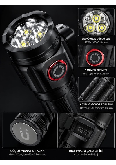 Busstier 10000 Lümen Mıknatıslı Mini El Feneri 15w Güçlü Led Şarj