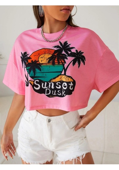 Flood Of Style Kadın Pudra Pembe Sunset Baskılı Oversize Crop