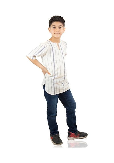 Eliş Şile Bezi Kısa Kol Şile Bezi Bisiklet Yaka Erkek Çocuk Tshirt Ekru Gri Çizg