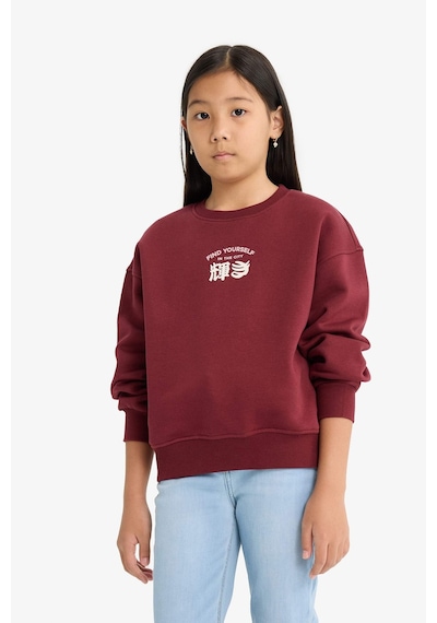 Defacto Relax Fit Bisiklet Yaka Baskılı İçi Yumuşak Tüylü Sweatshirt Kız Çocuk E6779A825WN Bordo