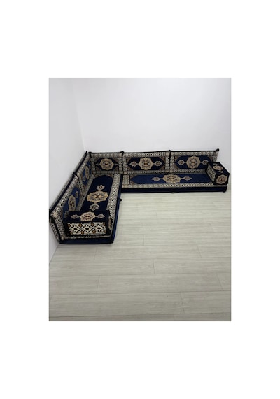 Güneş Modeli Lacivert Otantik Şark Köşesi Takımı L Set - Geleneksel Yer Minderi Seti 10 Cm Minder Kalınlığı 9 Parça
