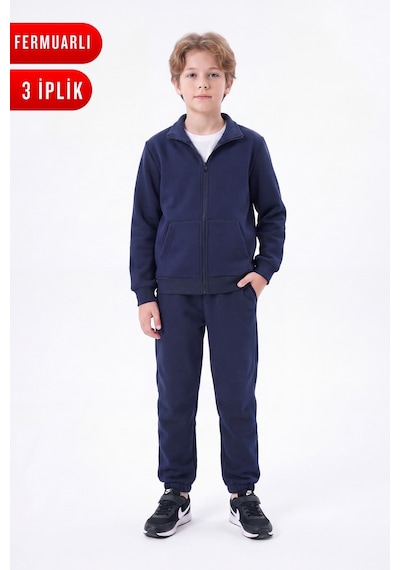 Panios Kids Erkek Çocuk Düz Basic Fermuarlı Dik Yaka Çift Cepli Eşofman Takımı Lacivert