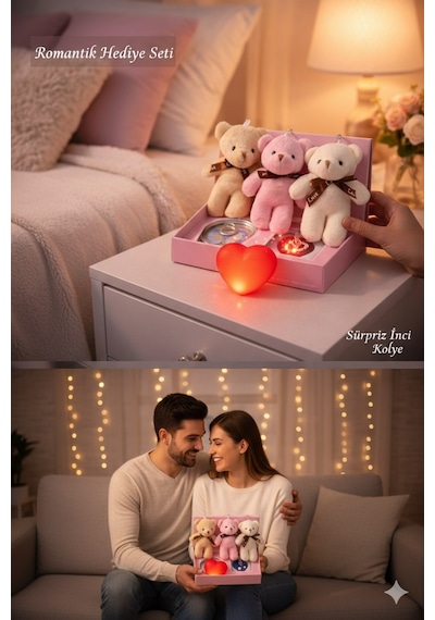 Sevgililer Gününe Romantik 3 Lü Hediye Seti İstiridye İnci Kolye 3 Adet Mini Peluş Ayı & Işıklı Kalp Çok Renkli