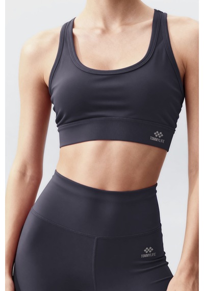 Tommylife Antrasit Yüksek Bel Toparlayıcı Çapraz Sırt Detaylı Slim Fit Kadın Tayt Takım - 95283