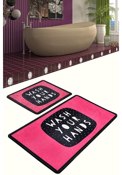 Wash Your Hands Pink Djt 2 Li Set Banyo Halısı Klozet Takımı Çok Renkli