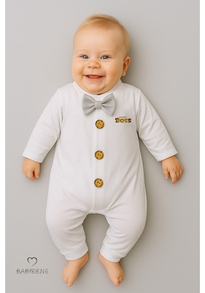 Babyden's Mini Boss Papyonlu Erkek Bebek Tulum Düğmeli Tasarım, Uzun Kollu Yenidoğan Tulumu Gri