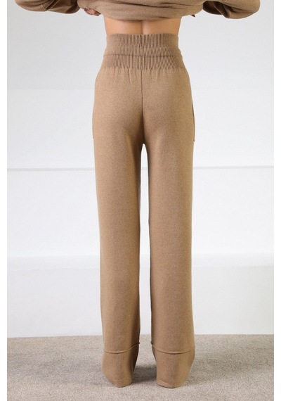 Ferraro Camel Beli Kuşaklı Cepli Kaşmirli Kadın Triko Pantolon Camel