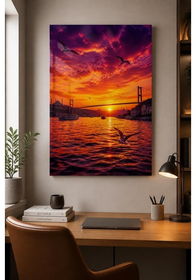 İstanbul Boğazı Gün Batımı Baskılı Cam Tablo Uv Baskı Dekoratif Duvar Tablosu