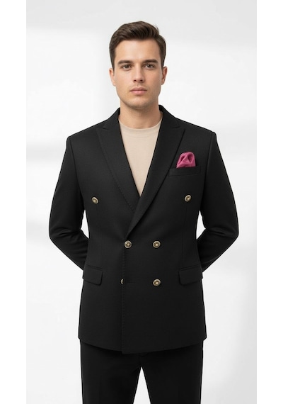 Plus Scorpion Erkek Suet Blazer Ceket Şık Düğmeli Takım Elbise Üstü Slim Fit Model Siyah