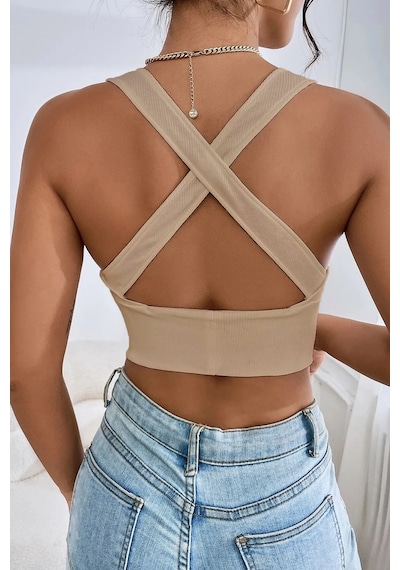 Terapi Men Kadın Bej Çapraz Sırt Detaylı Crop Top Bluz Bej