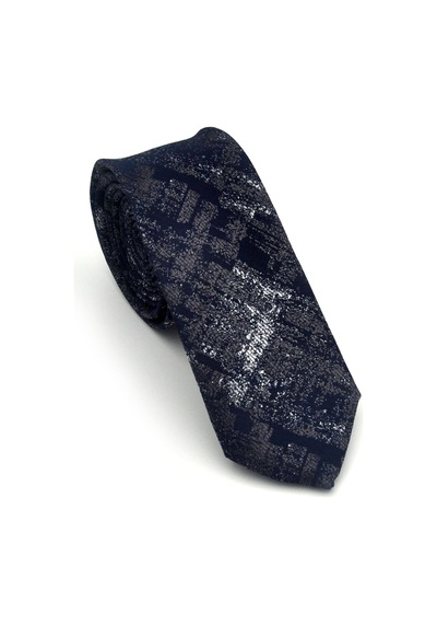 Gaffy Gri Desenli Lacivert Dokuma Kumaş Mendilli Slim Fit Kravat // Sdk-2608-2 Lacivert