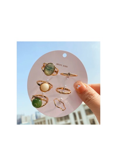 Oasis Gold Altın Renkli Mavi Yeşil Krem Doğal Taşlı Vintage Bohem 6 Parça 6'lı Yüzük Seti Kırmızı-Siyah