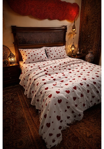 Çift Kişilik Kalp Desenli Nevresim Seti 200 X 220 Cm Sevgililer Günü  Günlük Kullanım Beyaz-karısık-kalpli