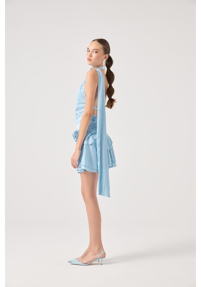 Holly Lolly Kemerli Mini Saten Giana Elbise Mavi