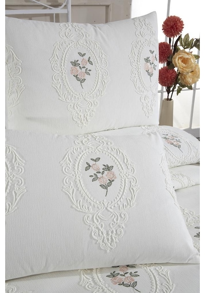 Gardenlove Nakışlı Şönil 3 Parça Çift Kişilik Yatak Örtüsü Krem Krem